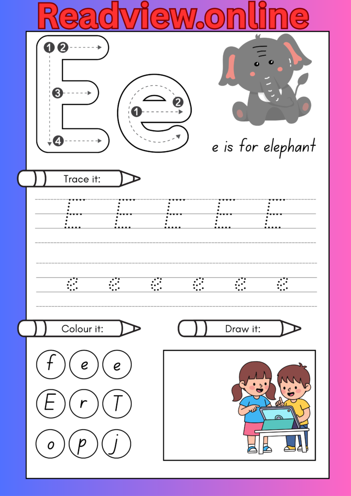 Educational worksheet for letter E